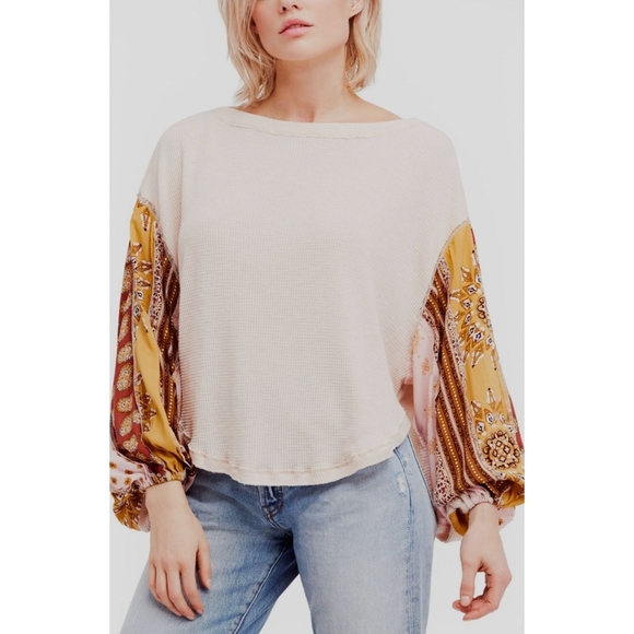 Free People Tops - Free People We the Free Blossom Thermal Long Sleeve Floral Beige Mustard Yellow